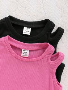 SHEIN 嬰兒女孩休閒中空實色露肩無袖裙 - 藍色 - 查看 4