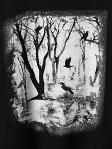 ROMWE Black Gothic Forest Silhouette Printed Mesh Jointed Long Sleeve 2 In 1 T-Shirt, School - Black - View 3