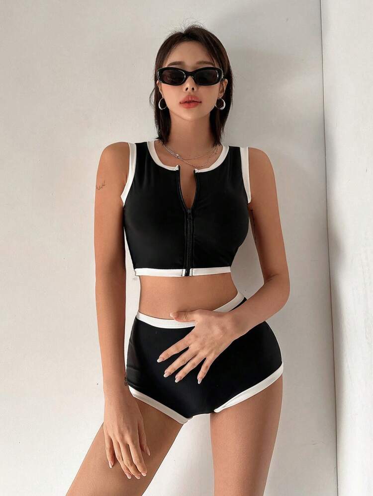 Women's Contrast Color Zipper Bikini Set With Rolled Edges Summer Beach,Tankini Bathing Suit Vacation