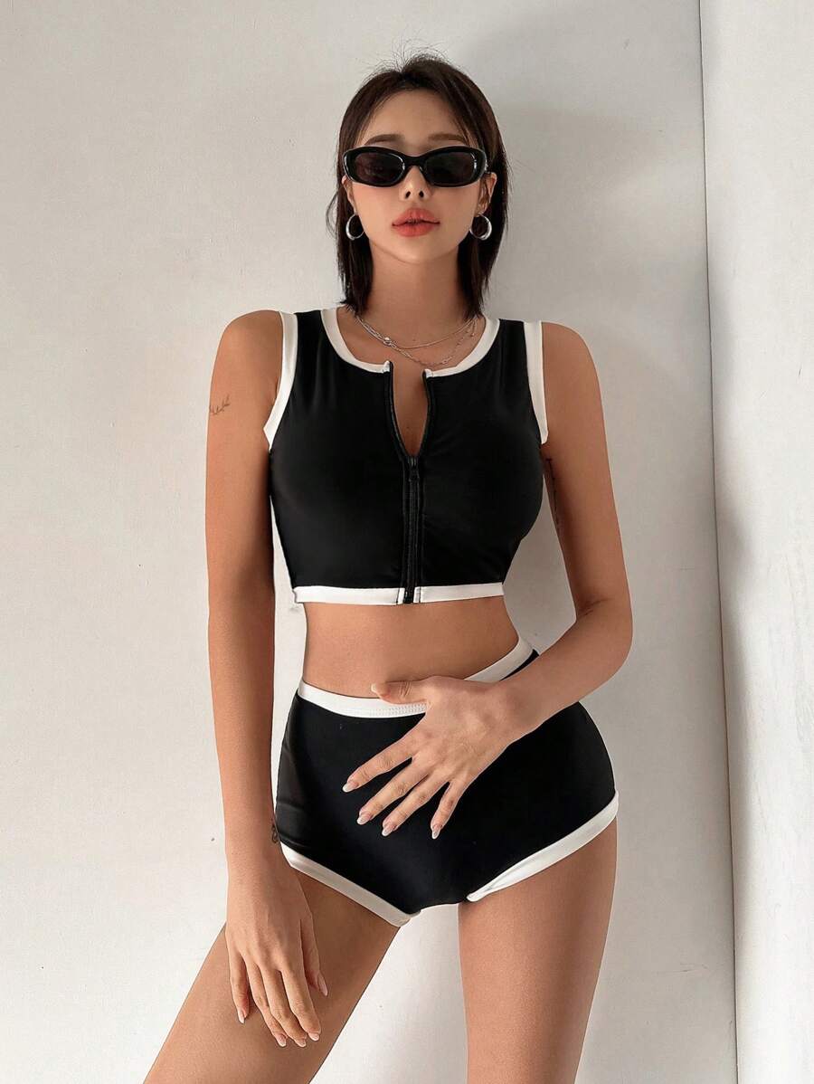 DAZY 女士撞色拉链比基尼套装，卷边设计，夏季沙滩度假泳装