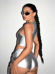 SHEIN ICON Kim loại Xu hướng: Cắt giảm Quần bó Bộ đồ - Bạc - Xem 2