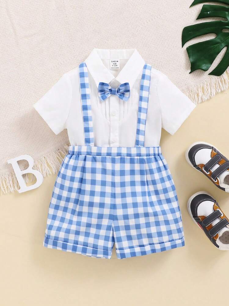 Baby Boy'S Gentleman Suit White Short Sleeve Shirt + Bowtie Grid Suspenders Shorts Set