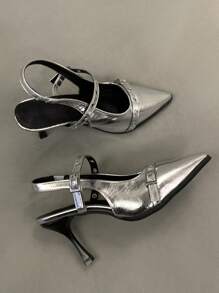 Women's Retro Pointed Toe Mary Jane Leather Shoes, British Style Pumps, 2025 Spring/Autumn New Arrival, French Fashion Chunky Heel High Heels, Elegant, Party,Stiletto Heels - Silver - View 3