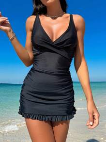 SHEIN Swim Bộ đồ Tankini có họa tiết đi biển mùa hè - màu đen - Xem 2