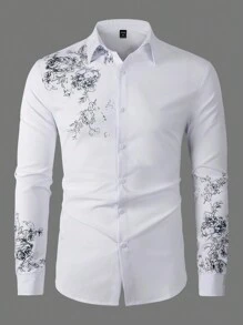 Manfinity Homme 男士休閒花卉圖案前開鈕扣長袖領襯衫，適合外出、秋季、正式場合 - 白色 - 查看 3