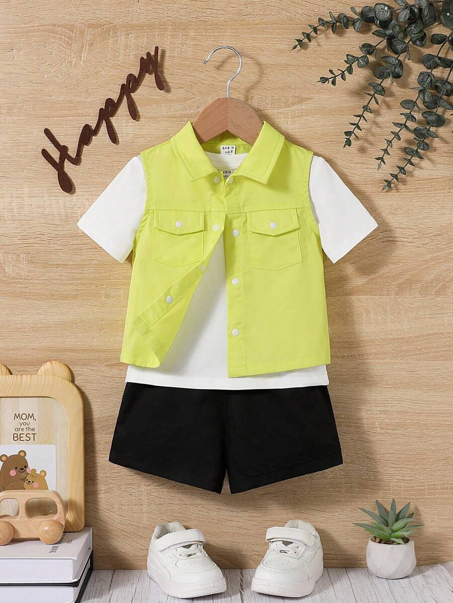 SHEIN Baby Boy 3pcs/Set Solid Color Round Neck T-Shirt, Vest And Shorts - Multicolor - View 1
