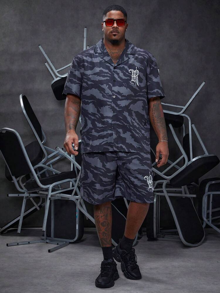 Men's Plus Loose Fit Allover Print Short Sleeve Shirt And Shorts Set