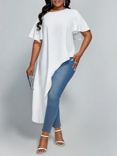 SHEIN Lady 大尺碼不對稱下擺短袖飄蕩襯衫