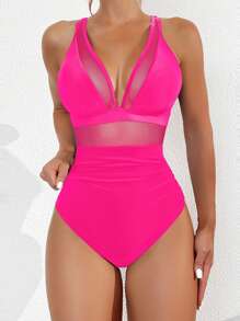 Swim Basics Summer Beach Wire Mesh Contrast One-Piece Swimsuit Valentine