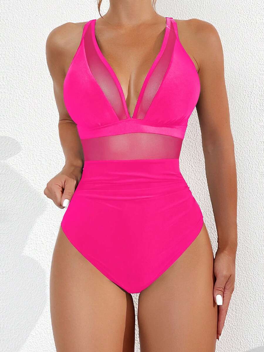 Swim Basics Summer Beach Wire Mesh Contrast One-Piece Swimsuit Valentine