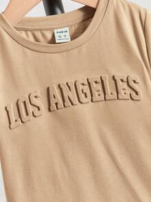 SHEIN 小男孩休閒舒適字母印花t卹 - 卡其色 - 查看 5