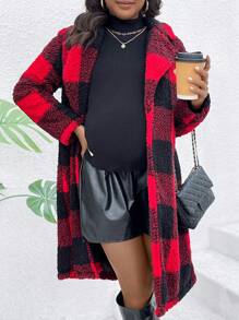 SHEIN 孕妇格子羊毛方领长袖外套，冬季适用 - 紅色 - 查看 1