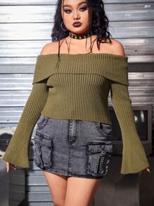 ROMWE PUNK Women's Plus Size Solid Color Off Shoulder Ribbed Knit Sweater - Army Green - View 5