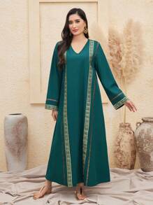 Al Najma Women's Patchwork Weave Ribbon Turkish Long Shirt Kaftan Jalabiya Dress - Dark Green - View 6