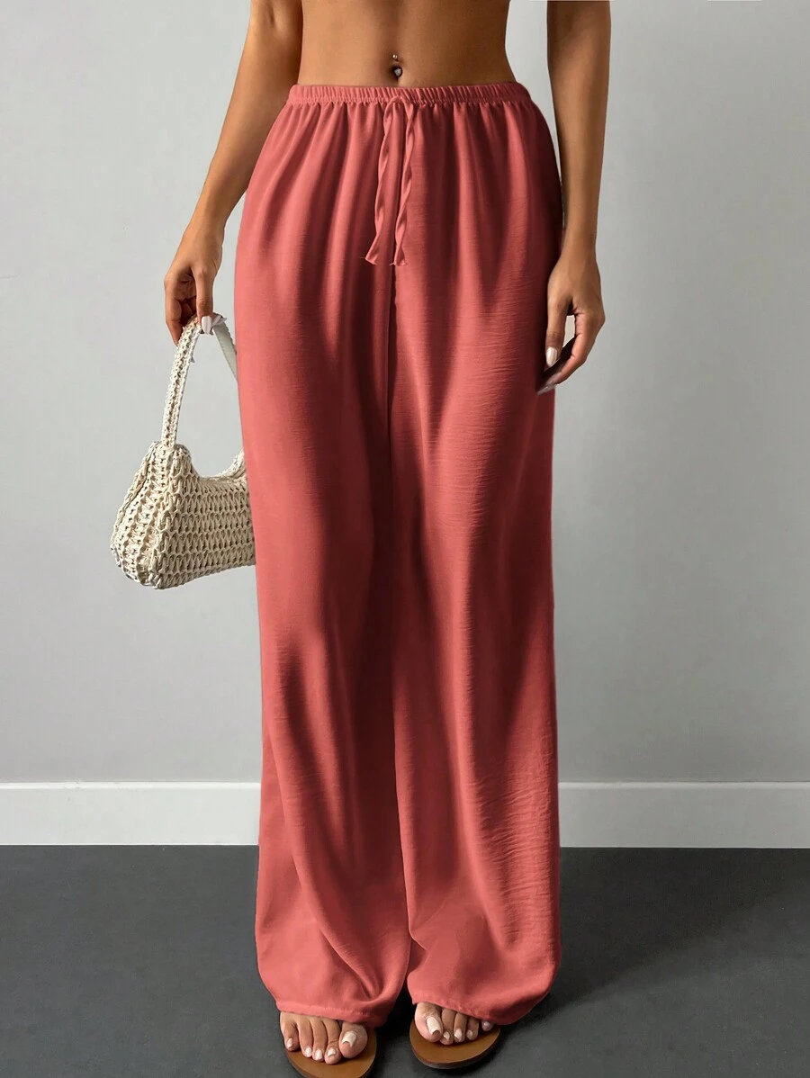 Cottnline Pantalones de pierna ancha unicolor de cintura con nudo - Rosa - Ver 1