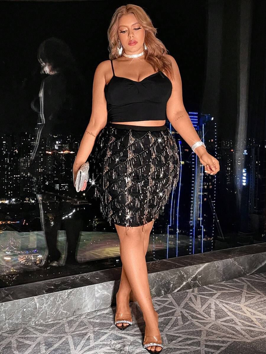 Celure Plus Size Women's Glittery Skirt - Black - View 1