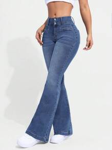 SHEIN EZwear 寬鬆腰身喇叭牛仔褲 - 中等水洗藍 - 查看 3