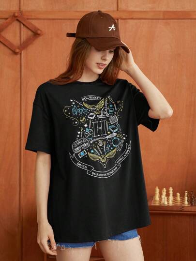 HARRY POTTER X SHEIN Round Neck Drop Shoulder Sleeve Print T-Shirt