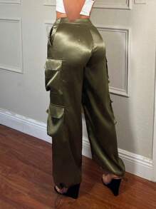 SHEIN SXY Women's Satin Cargo Pants With 3d Pockets, Streetwear Style, Festival Clothing - Grey - View 2