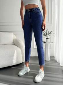 RueChic High Waist Mom Fit Jeans - Dark Wash - View 4
