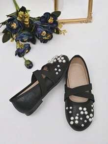 Zapatos Planos Para Niñas Con Correa Cruzada De Perlas Doradas Para Bodas, Escenificaciones Y Princesas