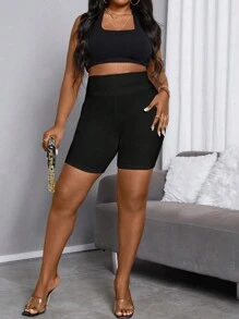 Maweii Plus Size Women's Solid Color Shorts Tights - Black - View 3