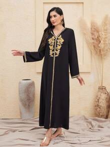 Al Najma 女士拼布编织腰带长袖土耳其束腰外衣，朴素的卡夫坦 - 黑色 - 查看 3