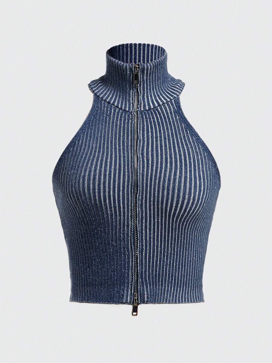 ROMWE PUNK Women's Crop Knit Top With High Neck - Blue - View 1