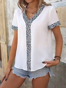 SHEIN Clasi Ladies' Random Printed Short Sleeve Blouse - White - View 3