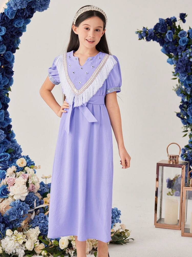 Tween Girl Fringe & Beaded V-Neck Short Bubble Sleeve Dress