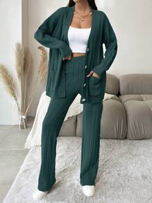 EURMUSE Women'S Solid Color Button-Up Cardigan With Wide Leg Sweater Pants Two-Piece Set - Army Green - View 6