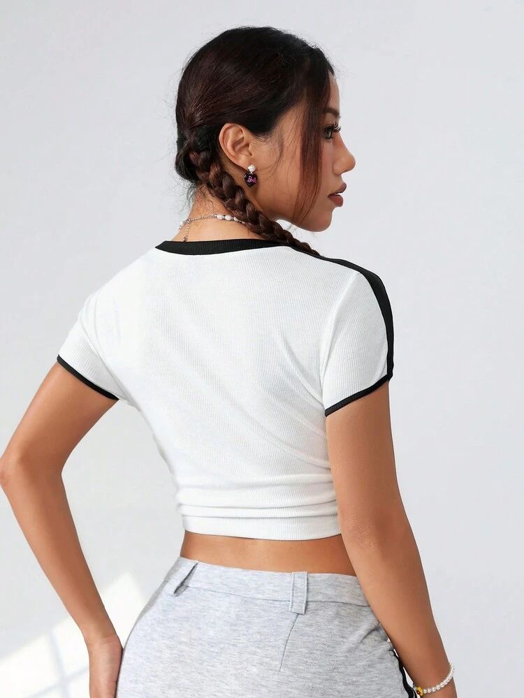Women's Color-Contrast Letter Printed Side Drawstring T-Shirt