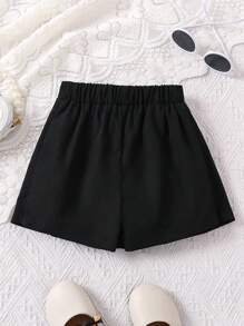 SHEIN Young Girl Solid Color Folded Pleated Casual Shorts - Black - View 2