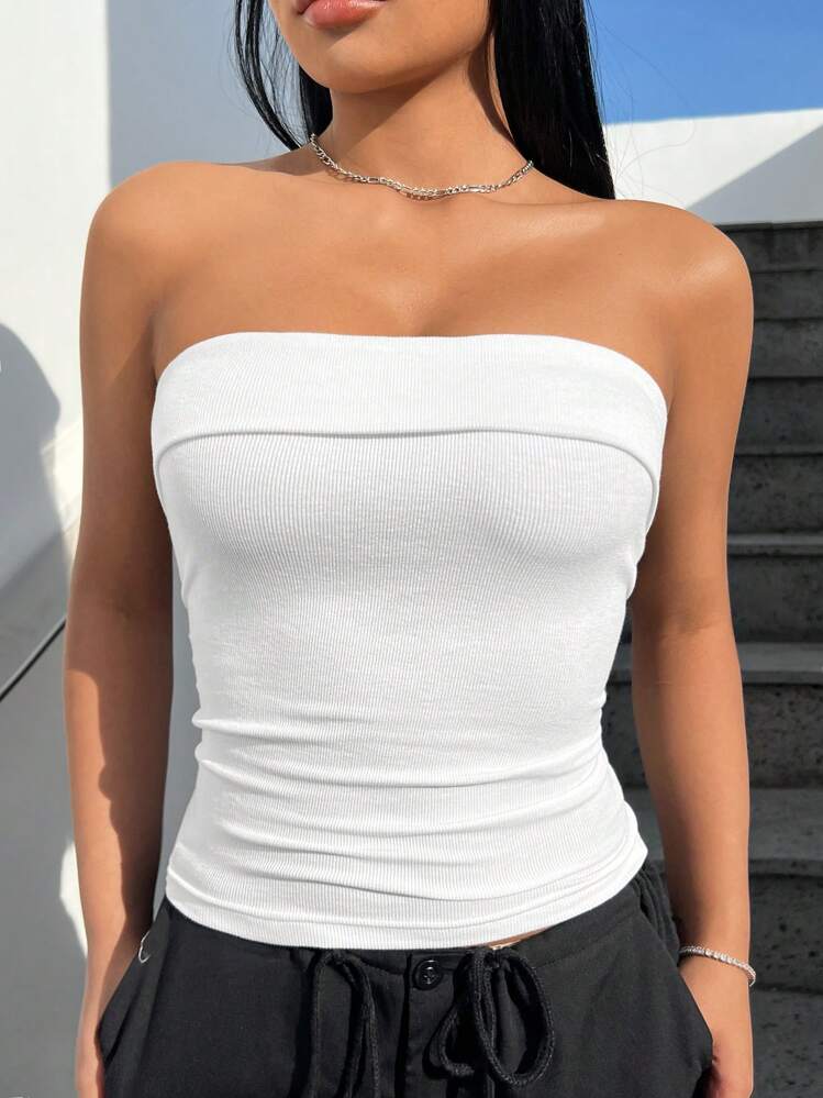 SHEIN EZwear White Knit Tight-Fitting Tube Top - White - View 5