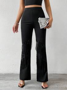 SHEIN Allurite 亮片閃光裙搭配流蘇裝飾的喇叭褲 - 黑色 - 查看 7