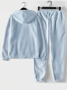 RueChic 男用泰迪熊連帽衫和褲子套裝,附袋鼠口袋 - 淺藍色 - 查看 2