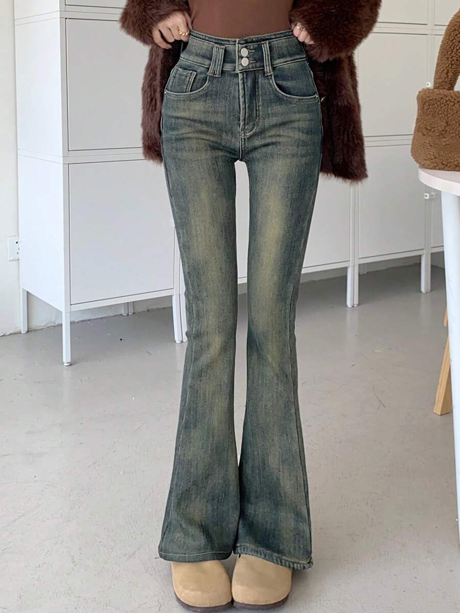 女式休闲复古水洗喇叭牛仔裤，带口袋 - 藍色 - 查看 1