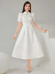 Modelyn 女款純色褶皺泡泡袖連身裙 - 白色 - 查看 6