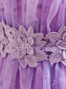 SHEIN Young Girl's Mesh Heart  Pattern Embroidery Flower Decor Strappy Cami Top With Pleated Hem And Shorts Two-Piece Outfits - Lilac Purple - View 6
