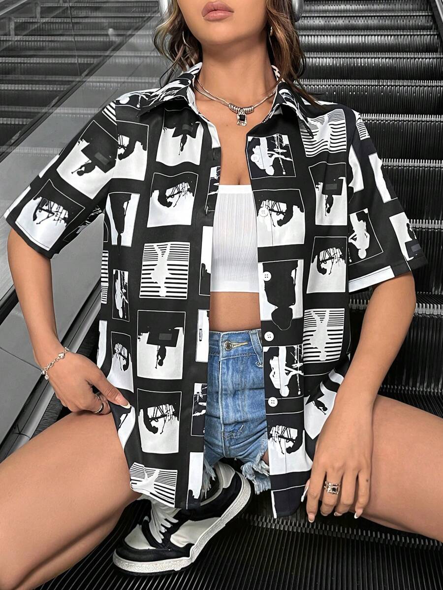 SHEIN Unity Character Printed Short Sleeve Shirt - Black and White - View 1