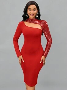 SHEIN Lady Women'S Patchwork Sparkly Hollow Out Bodycon Dress - Red - View 3