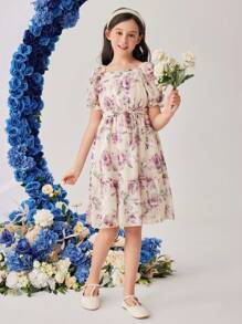 SHEIN Dziewczyny Krótki Rękaw Elegancki Sukienka w kwiatki