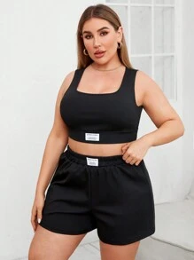 SHEIN Essnce Của phụ nữ Kích thước lớn Tag Thiết kế Độ co giãn Cao Áo vest Và Bộ quần short Cho mùa xuân Và Mùa hè - màu đen - Xem 1
