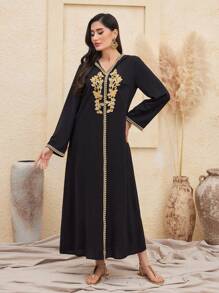 Al Najma 女士拼布编织腰带长袖土耳其束腰外衣，朴素的卡夫坦 - 黑色 - 查看 1