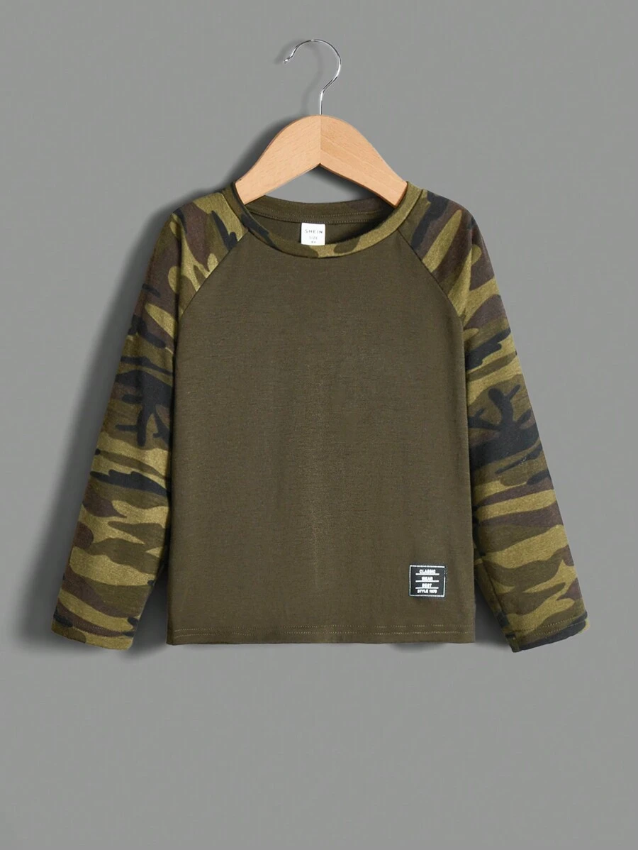 SHEIN 時尚迷彩拼接休閒t恤,適合年輕男孩 - 彩色 - 查看 1