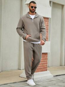 Manfinity Homme Ensemble Sweat-shirt À Demi-zip Avec Poche Kangourou Et Pantalon De Survêtement À Cordon De Serrage Pour Hommes, Grande Taille