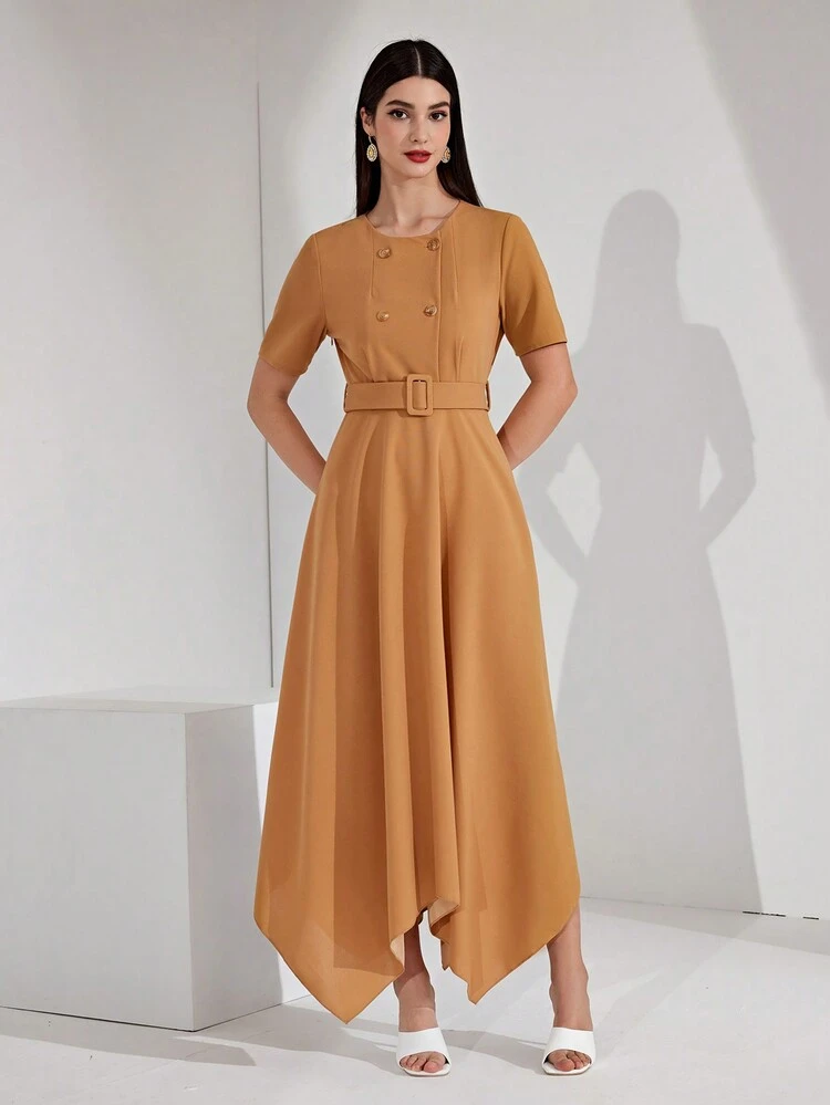 Double-Breasted Front Short Sleeve Belted Dress Long Evening Dresses