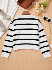 SHEIN Thiếu niên Cô gái Lỏng lẻo Phù hợp Vòng cổ Sọc Áo chui đầu Áo len Với Tương phản Màu sắc - Đen và trắng - Xem 2