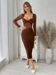 SHEIN Privé Women'S Mesh Contrast Waist-Tie Dress - Brown - View 5