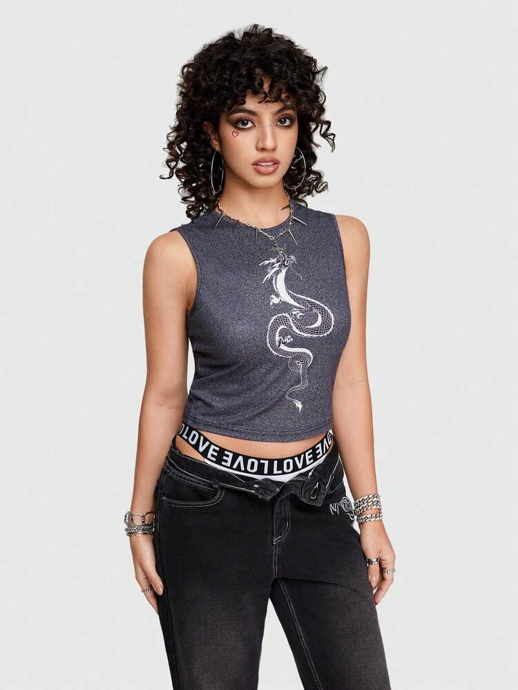 Y2k Sexy Dragon Pattern Jean-Like Knitted Fabric Tank Top For Summer For Women